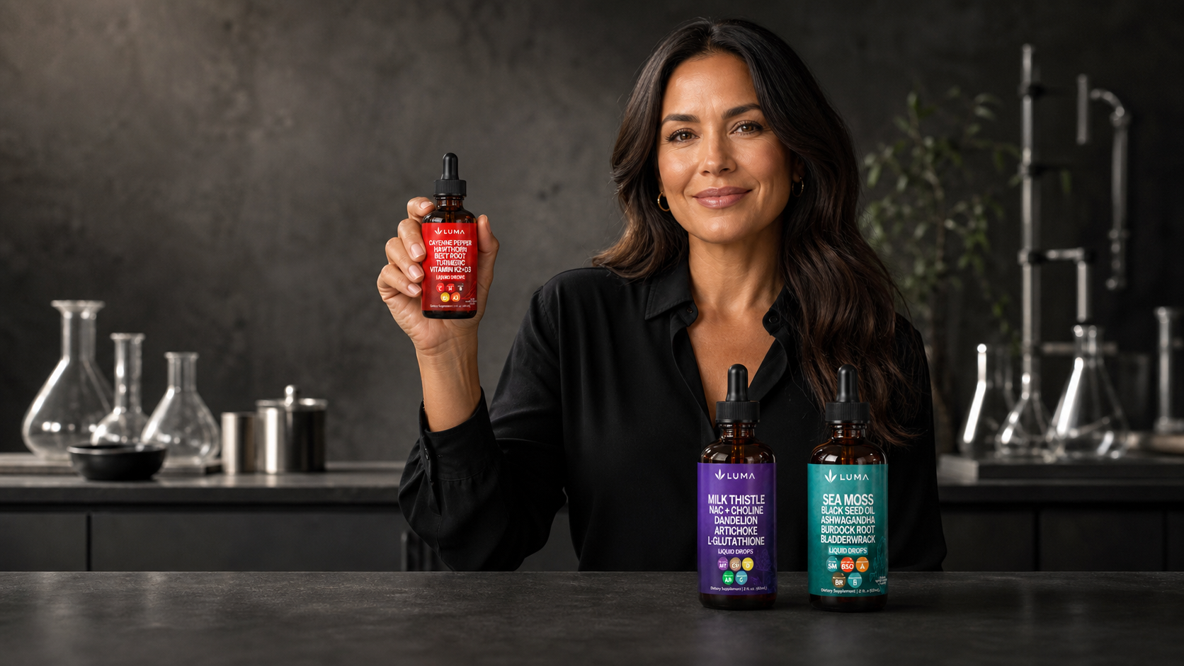 Woman holding LUMA Cayenne Drops in a charcoal formulation studio beside Milk Thistle and Sea Moss Drops